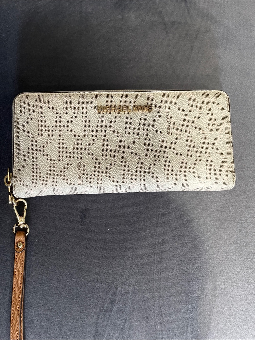 Michael Kors Cream and Tan MK Logo Zip Wallet Wristlet